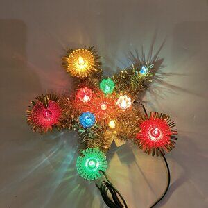 Vintage Christmas Star Tree Topper Multicolor Lights Gold Tinsel Works